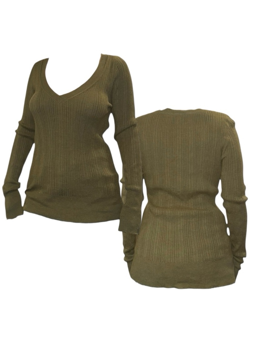 Ribbed V-Neck Long Sleeve Sweater in Olive
